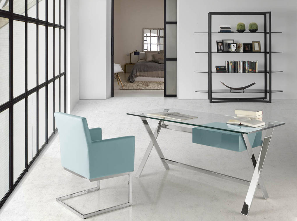 Office desk with tempered glass top and lacquered Mdf drawer. Stainless steel frame. Office desk with tempered glass top and lacquered Mdf drawer. Stainless steel frame.