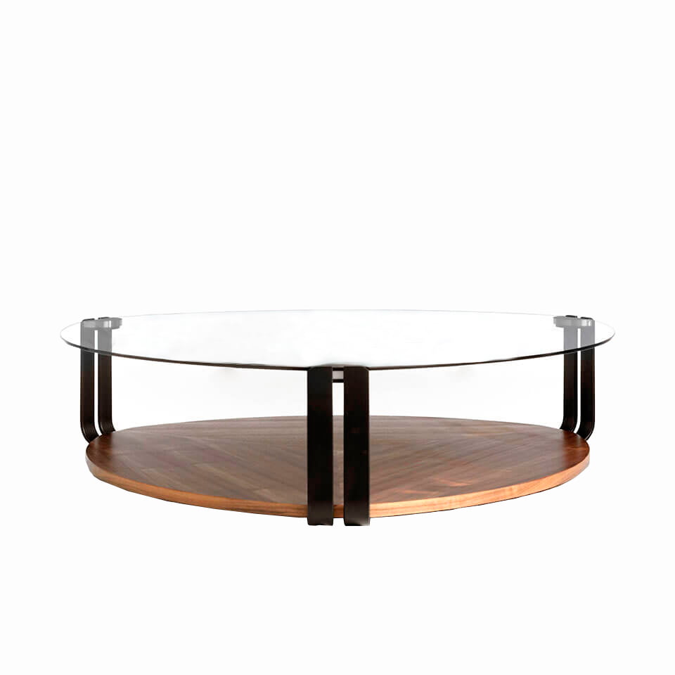 Table basse en bois de noyer et verre trempé