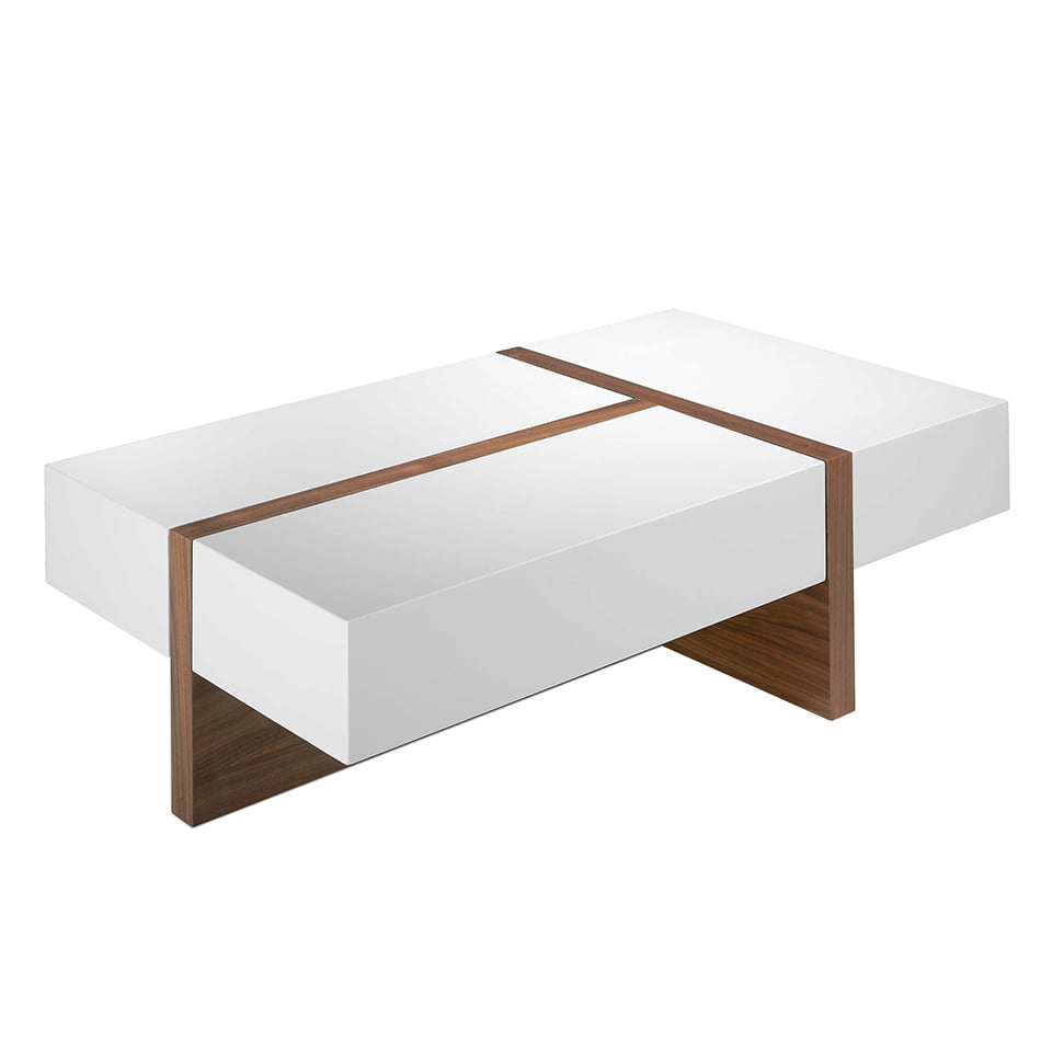 Table basse en bois blanc avec tiroirs et bois de noye