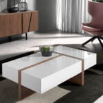 Mesa centro de madera color Blanco con cajones y madera Nogal