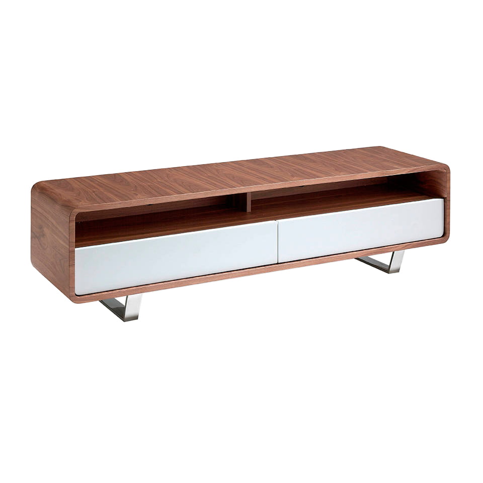 Mueble TV de madera Nogal con cajones color Blanco y acero cromado