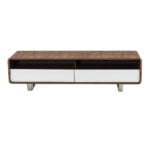 Walnut wood TV cabinet with white drawers and chrome steel