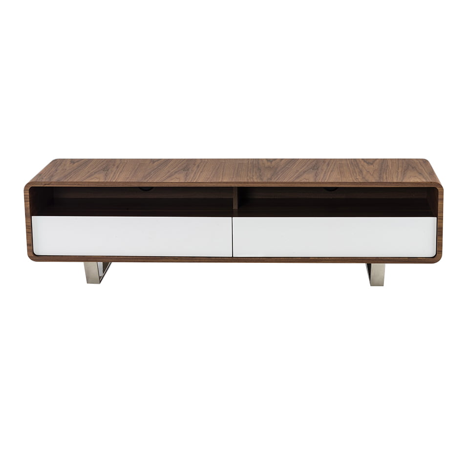 Walnut wood TV cabinet with white drawers and chrome steel