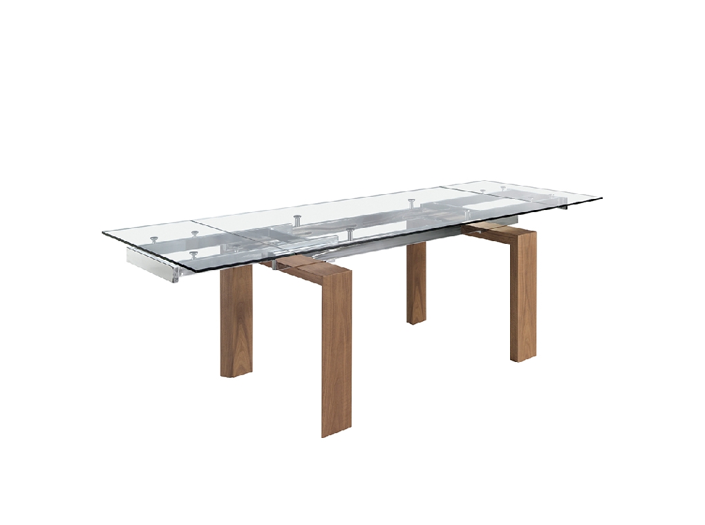 Mesa comedor extensible de cristal templado y madera Nogal