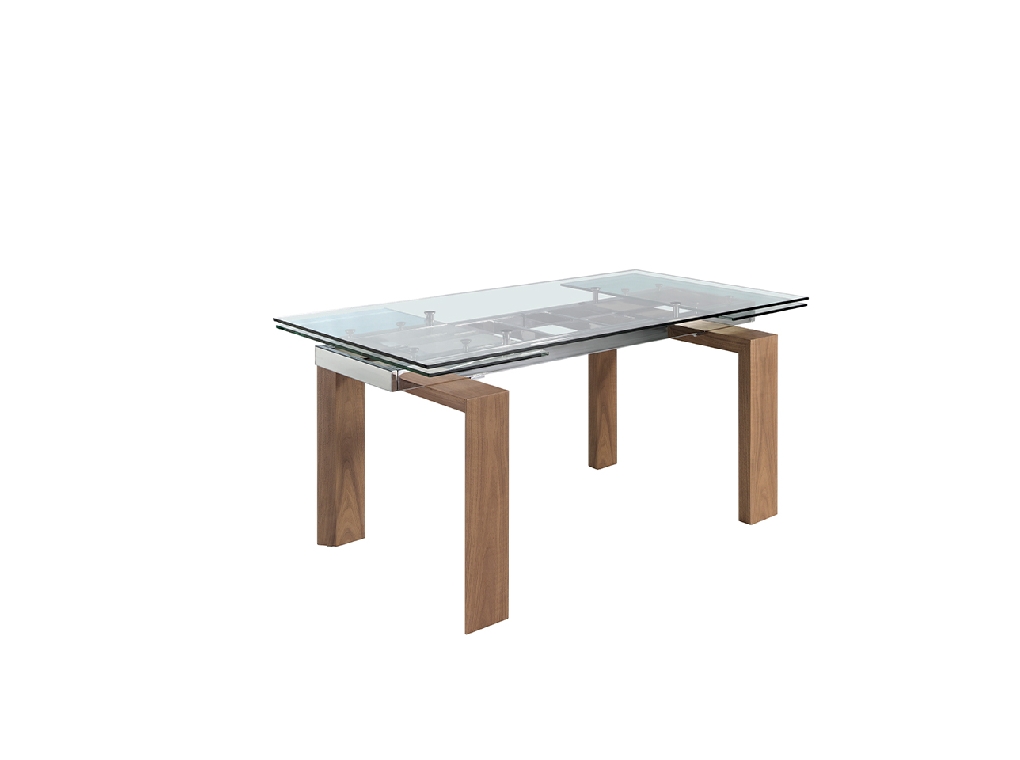 Extendable dining table in tempered glass and Walnut wood