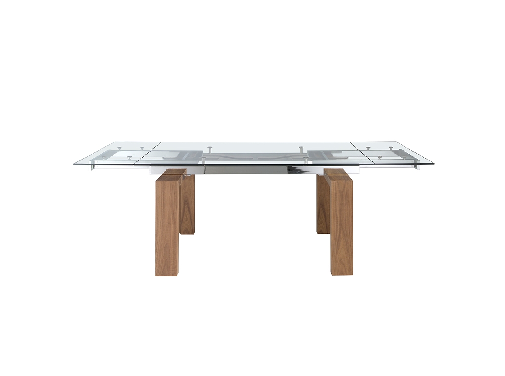 Extendable dining table in tempered glass and Walnut wood