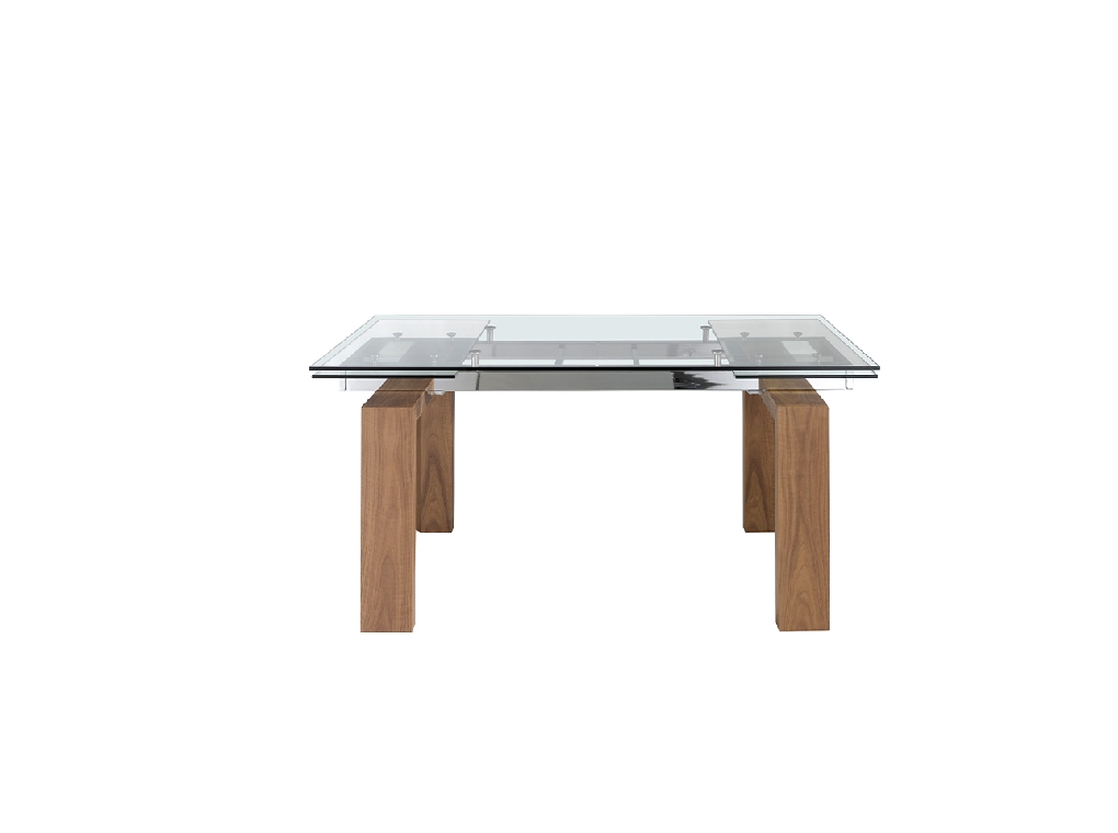 Mesa comedor extensible de cristal templado y madera Nogal