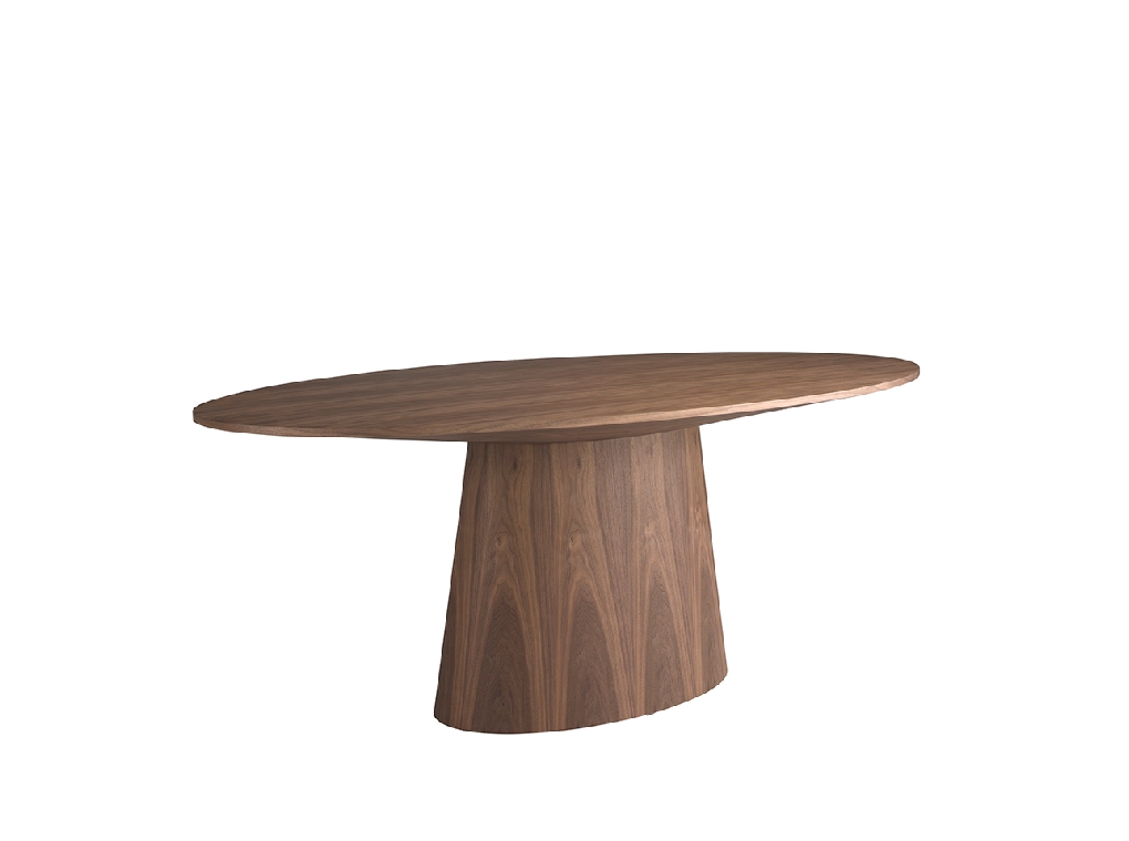 Mesa de comedor ovalada de madera chapada en nogal