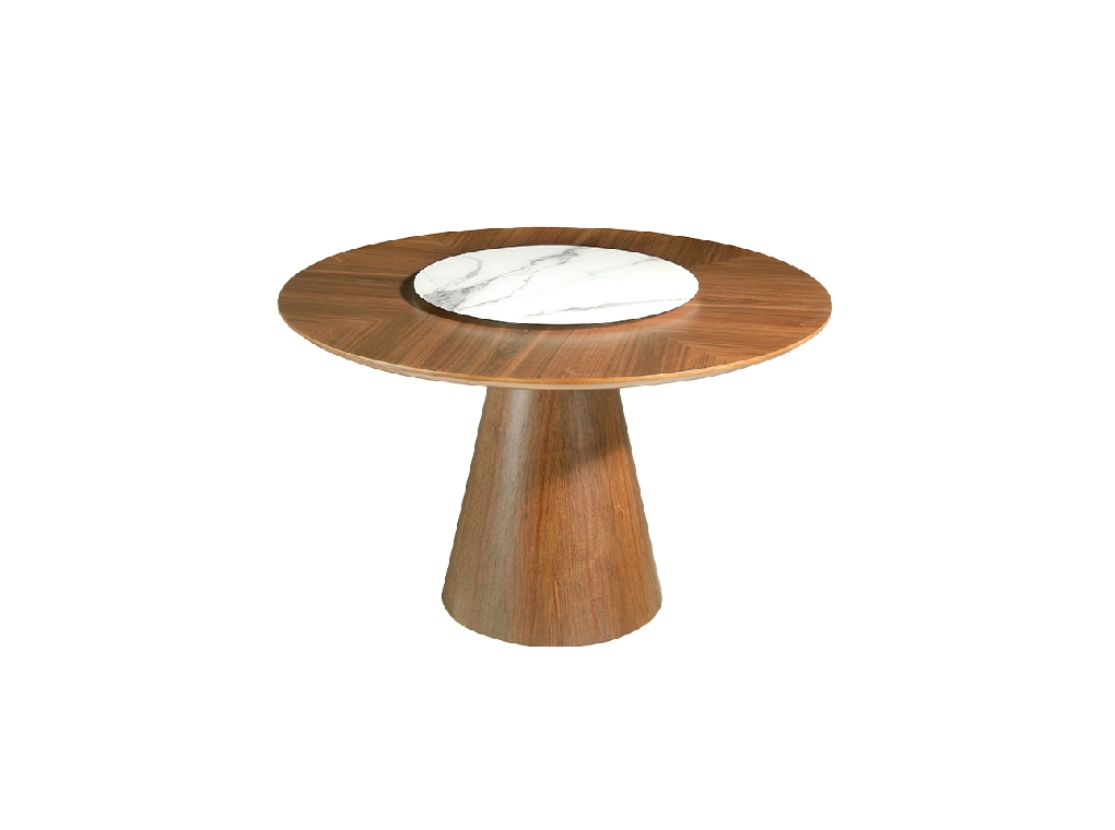 Table à manger ronde en bois de noyer et plateau tournant en porcelaine