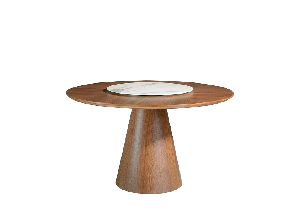 Круглый обеденный стол из дерева орехового цвета с вращающейся столешницей из керамогранита.