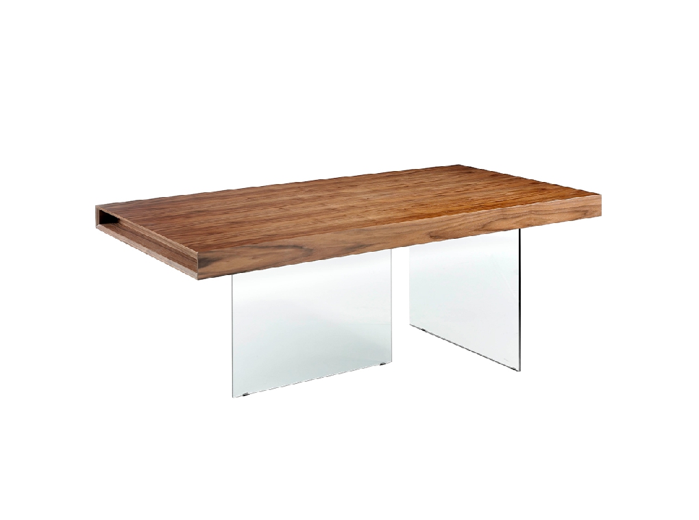 Walnut wood dining table and tempered glass