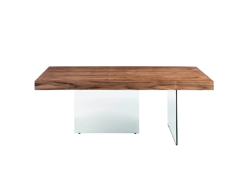 Walnut wood dining table and tempered glass