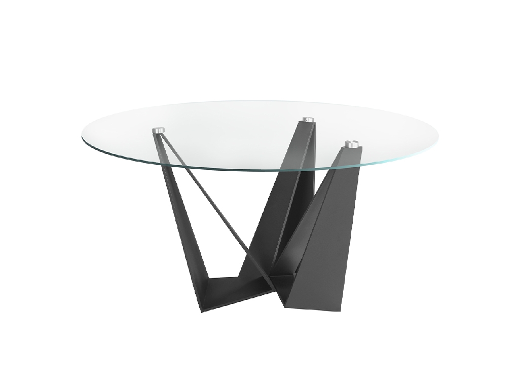 Mesa comedor de cristal y acero negro