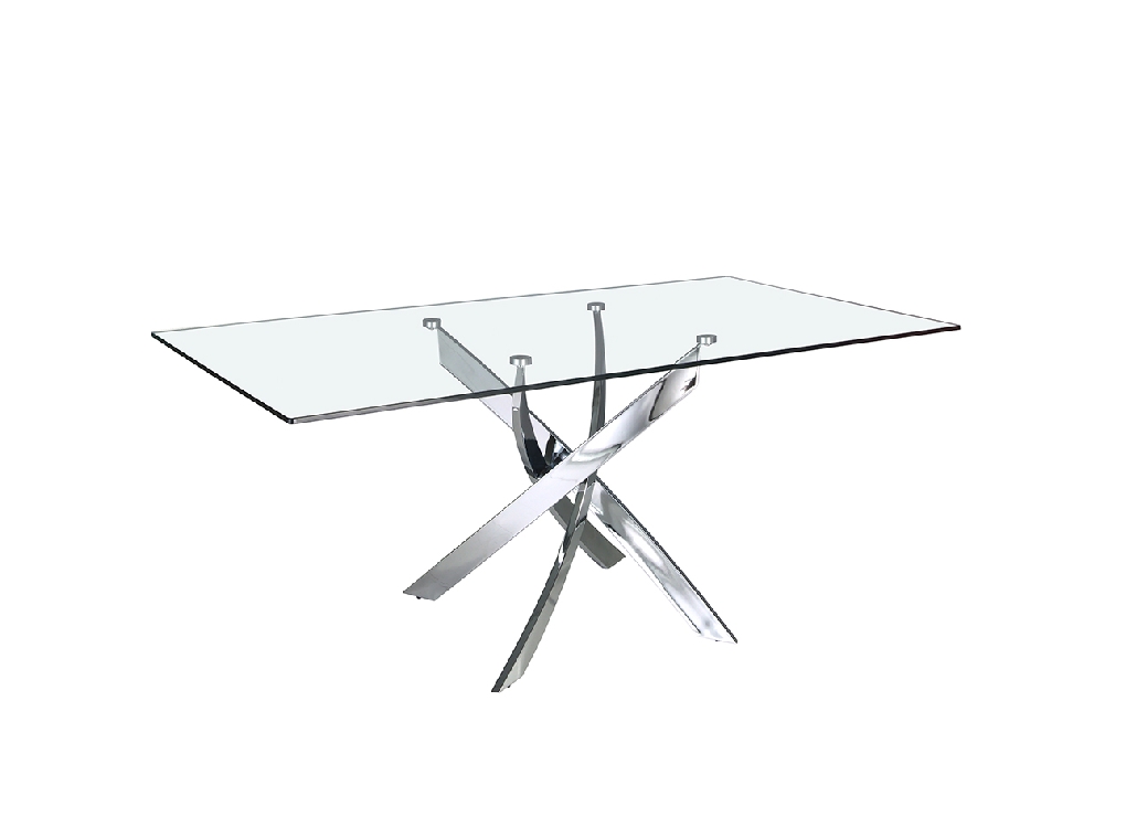 Mesa comedor de cristal templado y acero cromado curvado