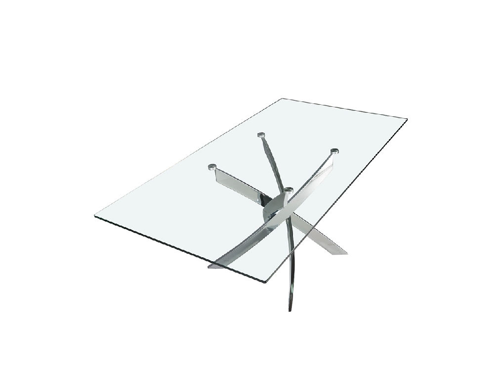 Mesa comedor de cristal templado y acero cromado curvado