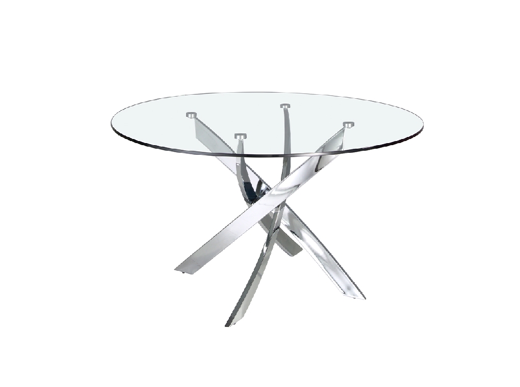 Mesa comedor de cristal templado y acero cromado curvado