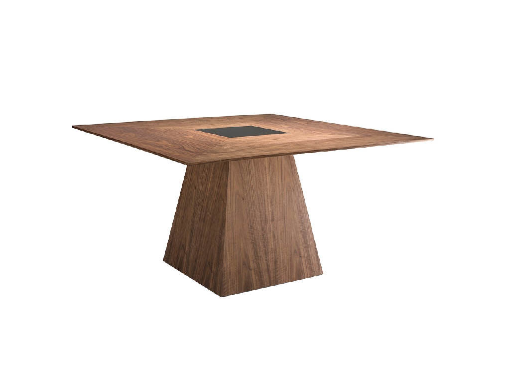 Walnut wood dining table with black tinted glass