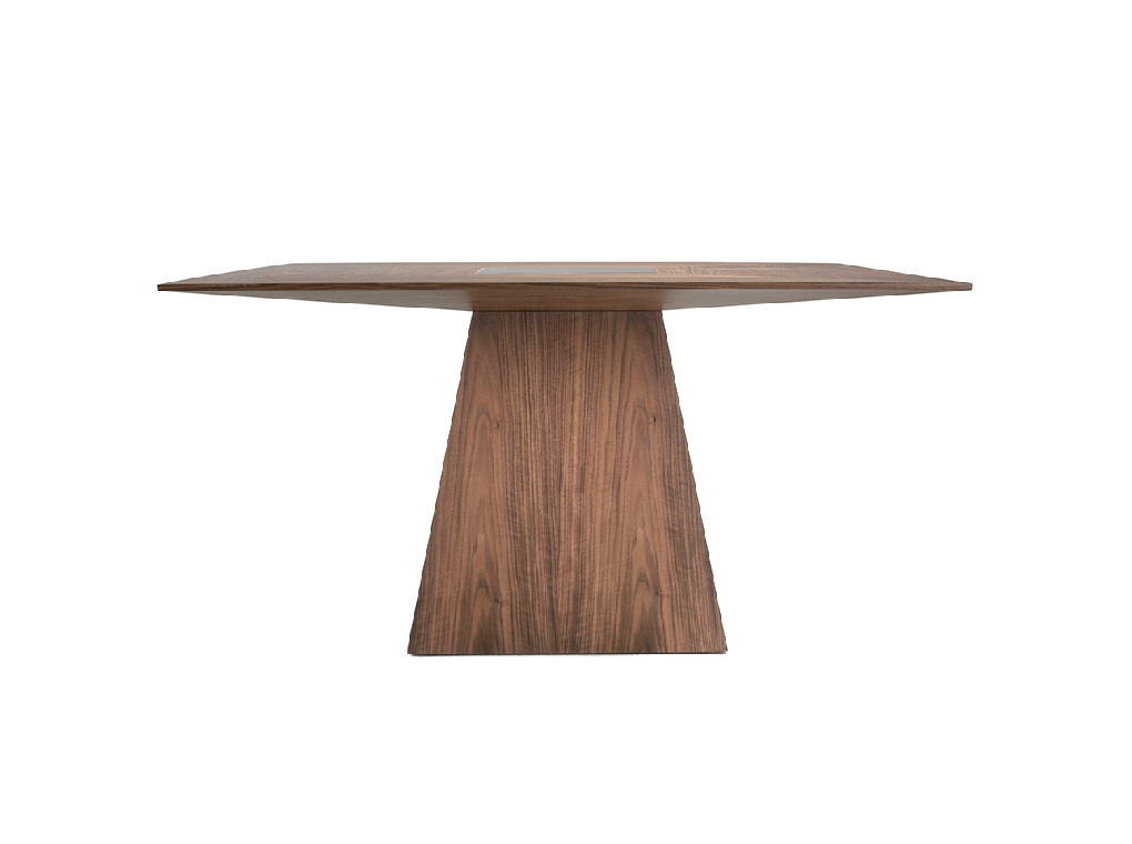 Walnut wood dining table with black tinted glass