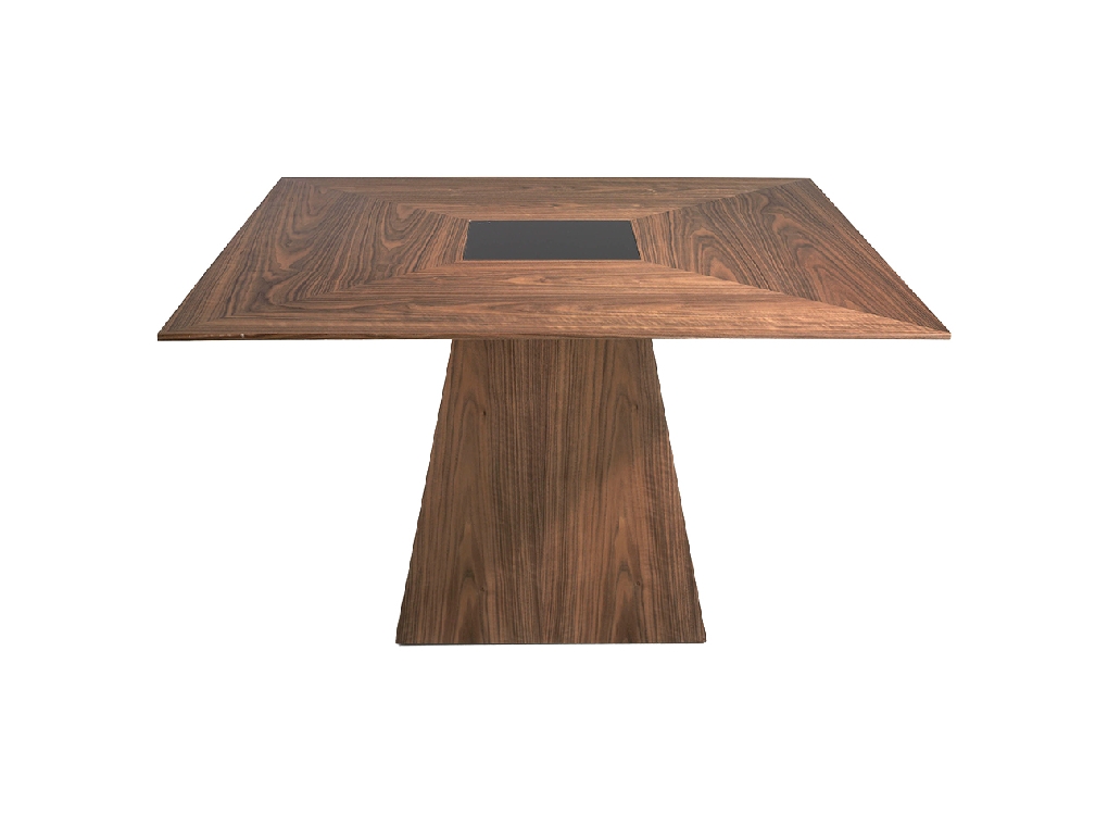 Walnut wood dining table with black tinted glass