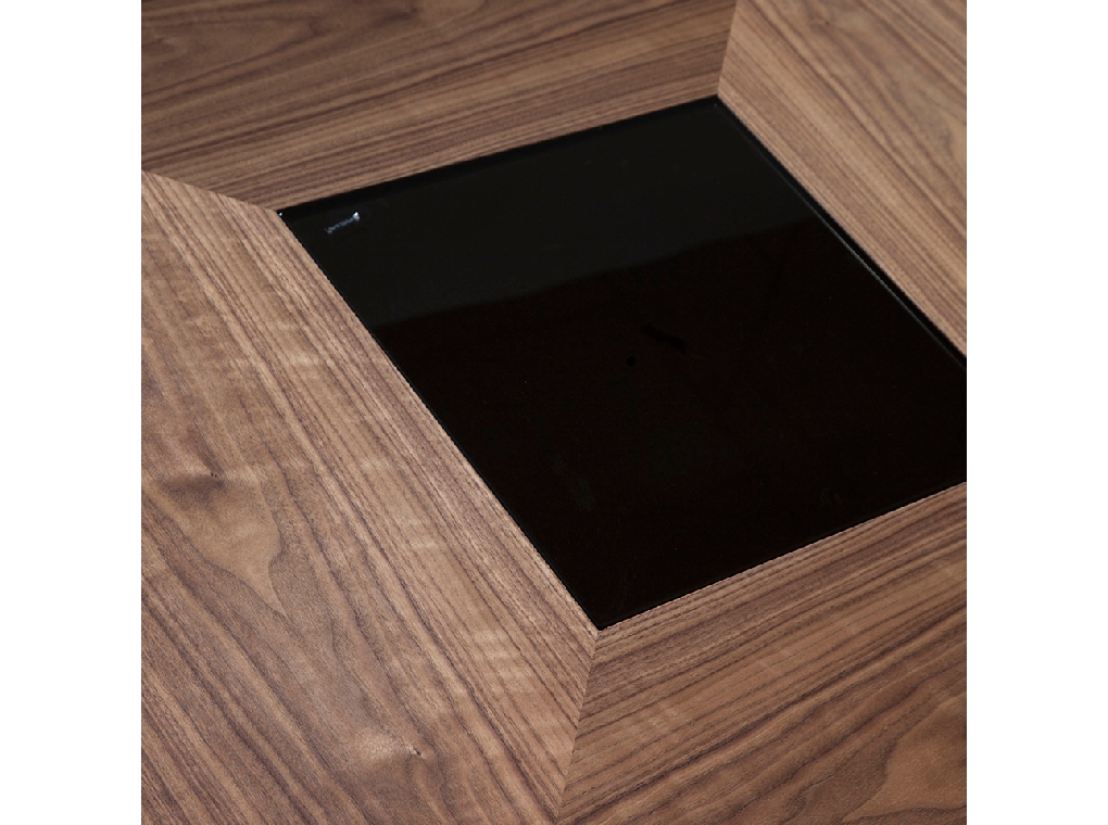 Walnut wood dining table with black tinted glass