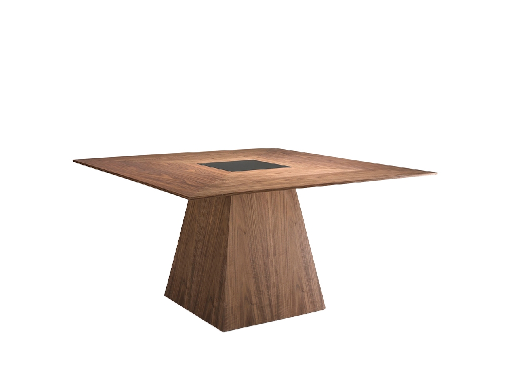 Walnut wood dining table with black tinted glass