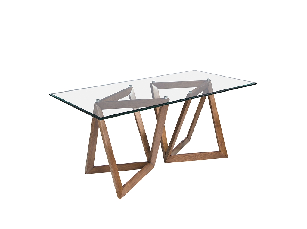 Table de salle à manger rectangulaire en bois de noyer et verre trempé.