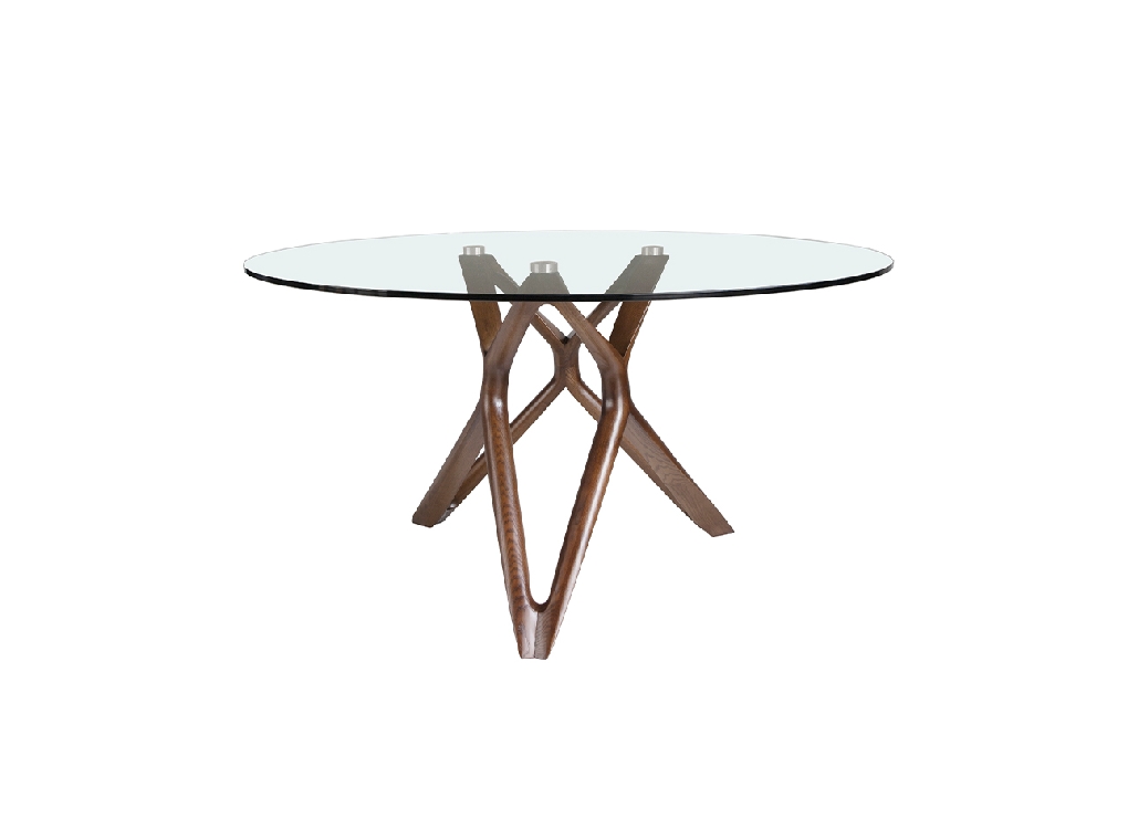 Round glass dining table with wooden legs.