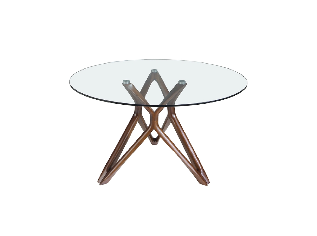 Round glass dining table with wooden legs.