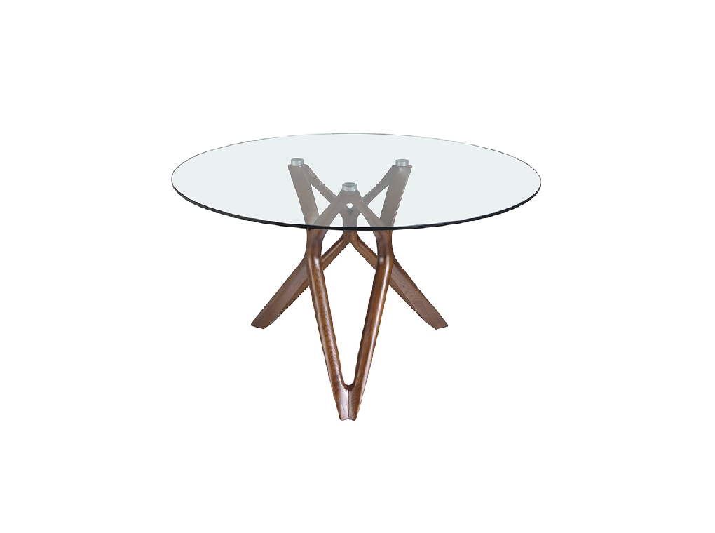 Round glass dining table with wooden legs.