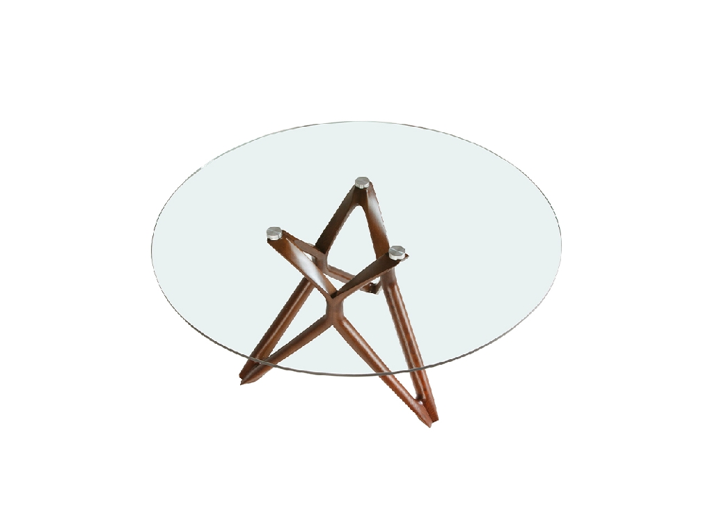 Round glass dining table with wooden legs.