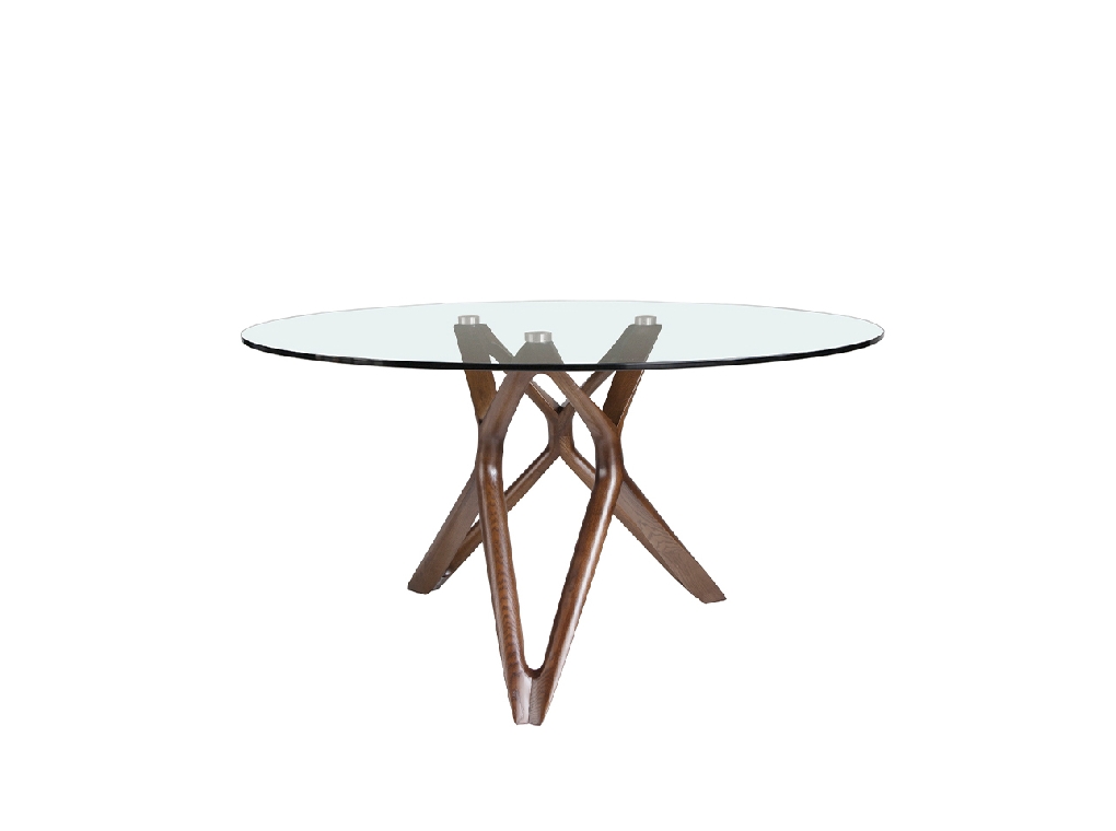 Round glass dining table with wooden legs.