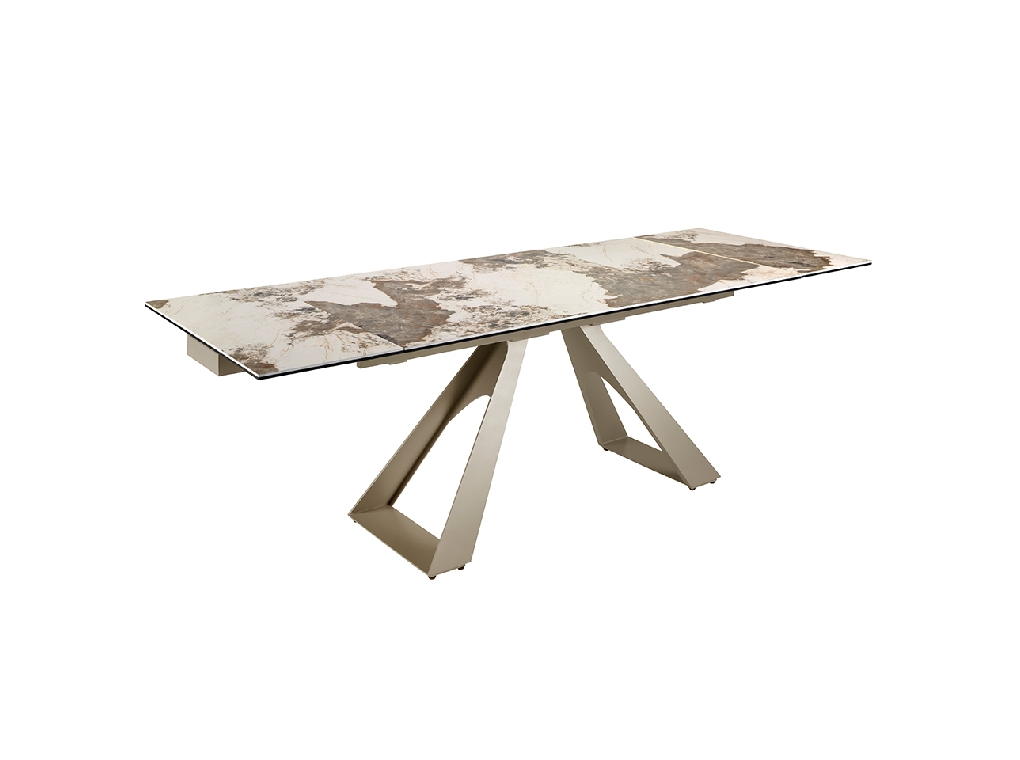 Rectangular porcelain marble and champagne-coloured steel extending dining table