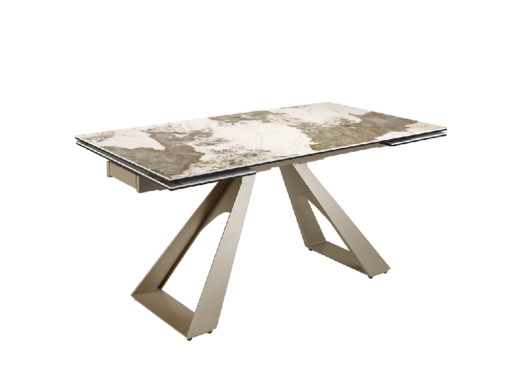 Rectangular porcelain marble and champagne-coloured steel extending dining table