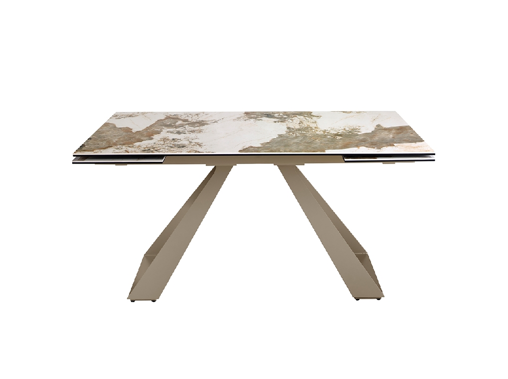 Rectangular porcelain marble and champagne-coloured steel extending dining table