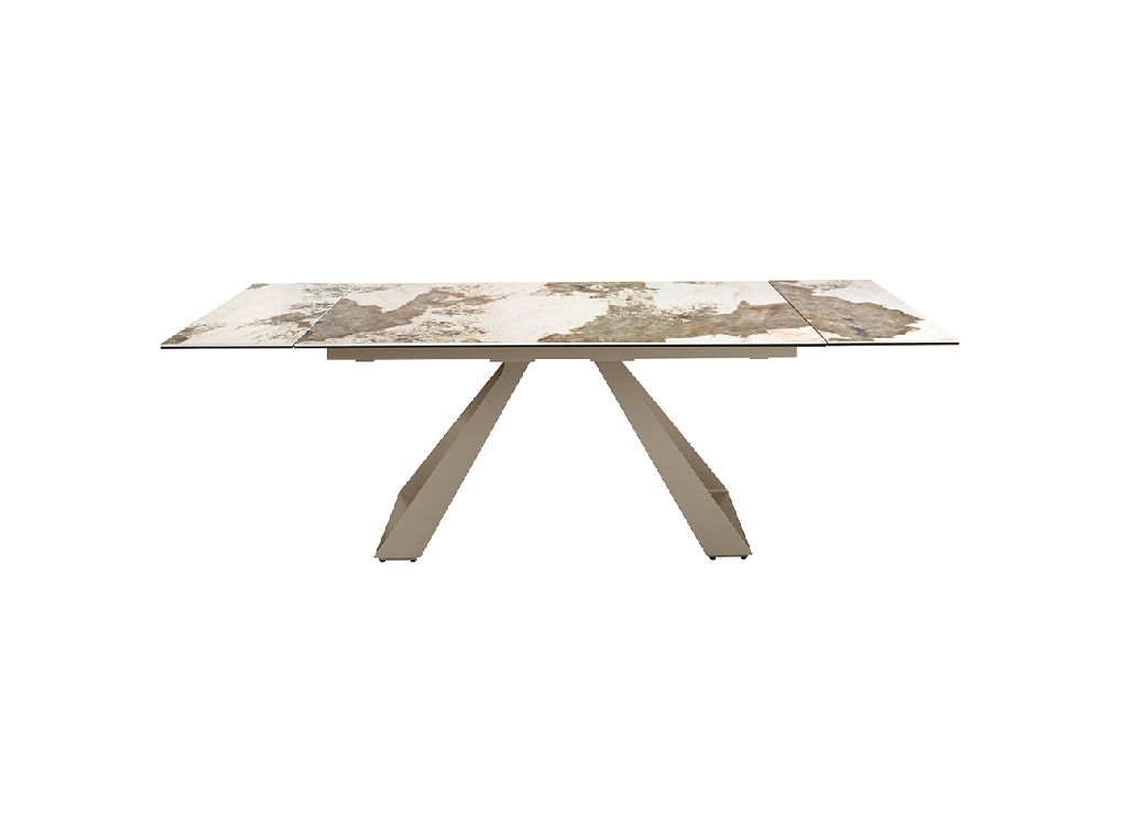 Rectangular porcelain marble and champagne-coloured steel extending dining table