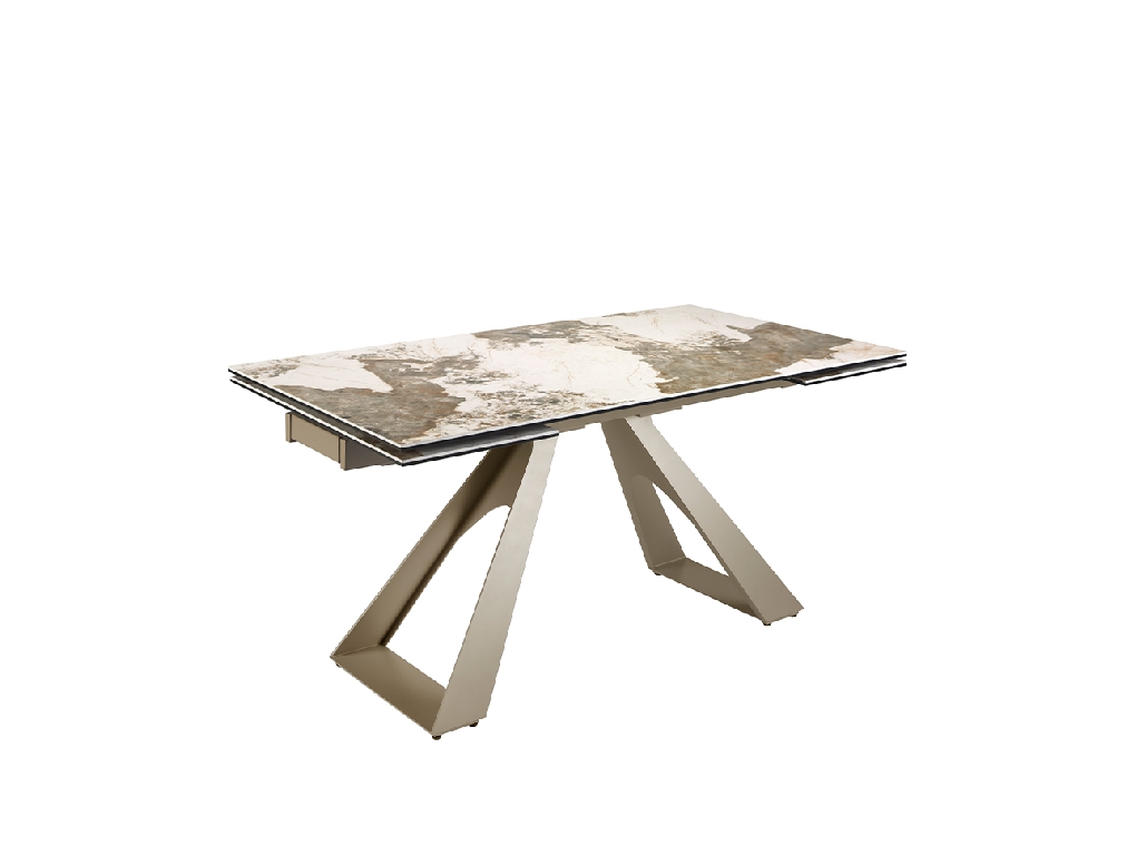 Rectangular porcelain marble and champagne-coloured steel extending dining table