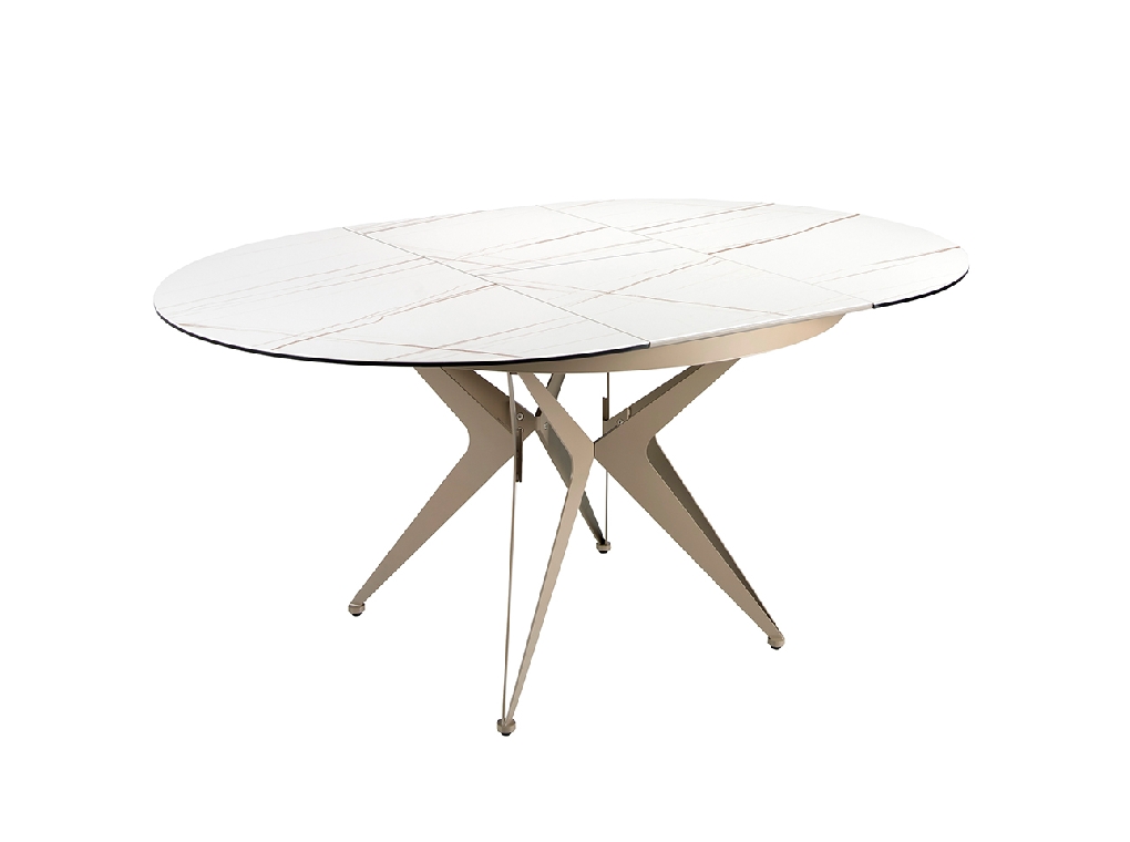 Round porcelain marble and champagne-coloured steel extending dining table