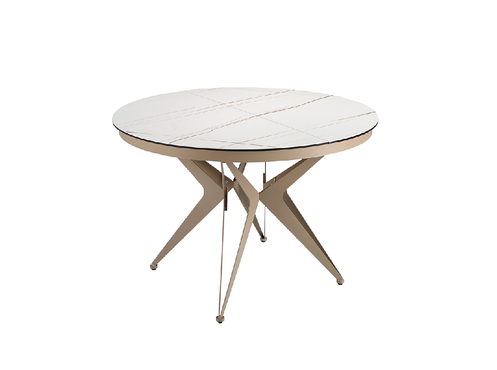 Round porcelain marble and champagne-coloured steel extending dining table