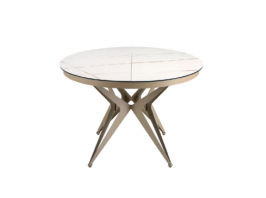 Round porcelain marble and champagne-coloured steel extending dining table