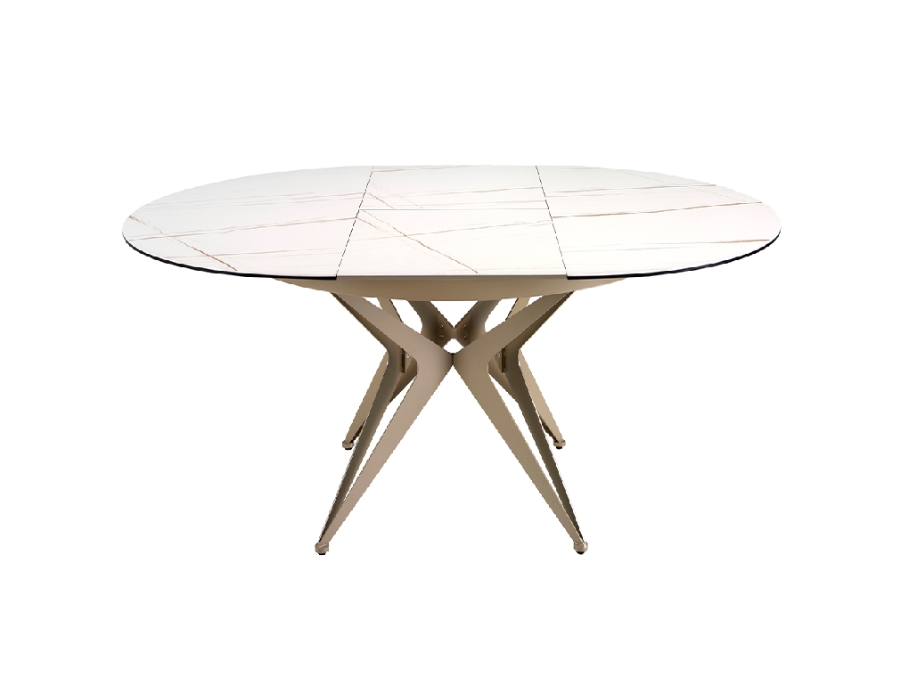 Table à manger à rallonge ronde marbre porcelaine et acier couleur champagne