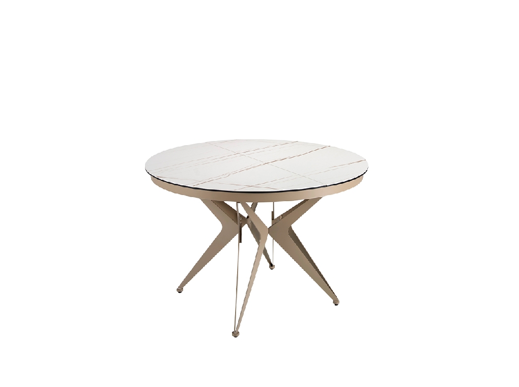 Round porcelain marble and champagne-coloured steel extending dining table