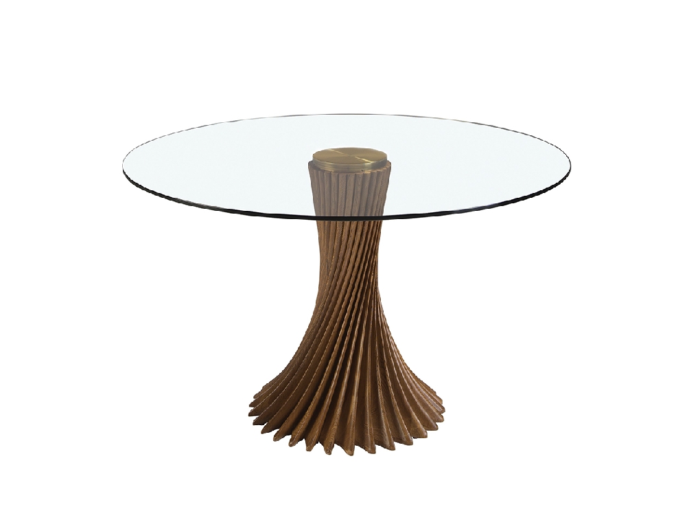 Round tempered glass and walnut dining table