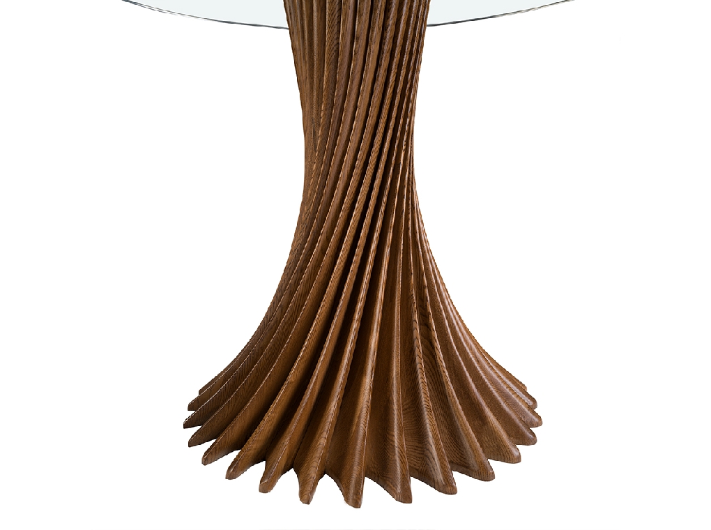 Round tempered glass and walnut dining table