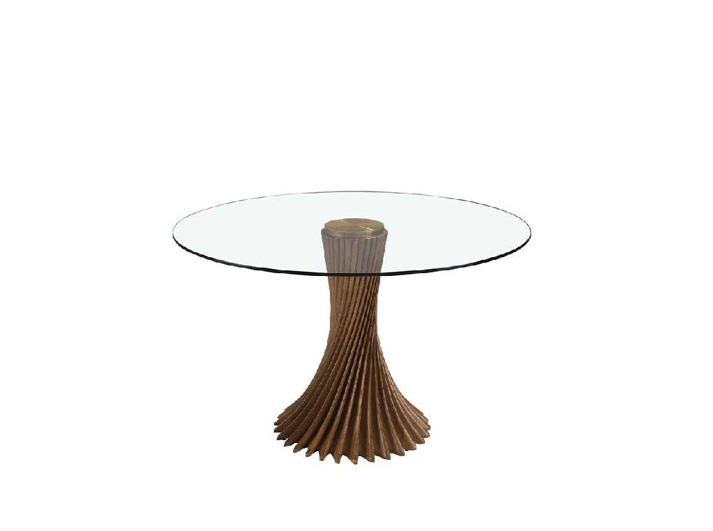 Round tempered glass and walnut dining table