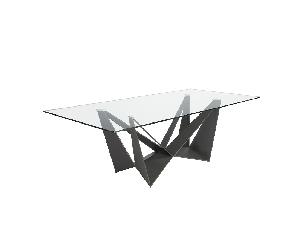 Mesa comedor rectangular de cristal templado y estructura de acero inoxidable negro