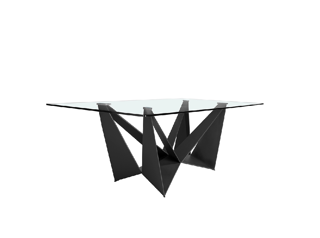 Mesa comedor rectangular de cristal templado y estructura de acero inoxidable negro