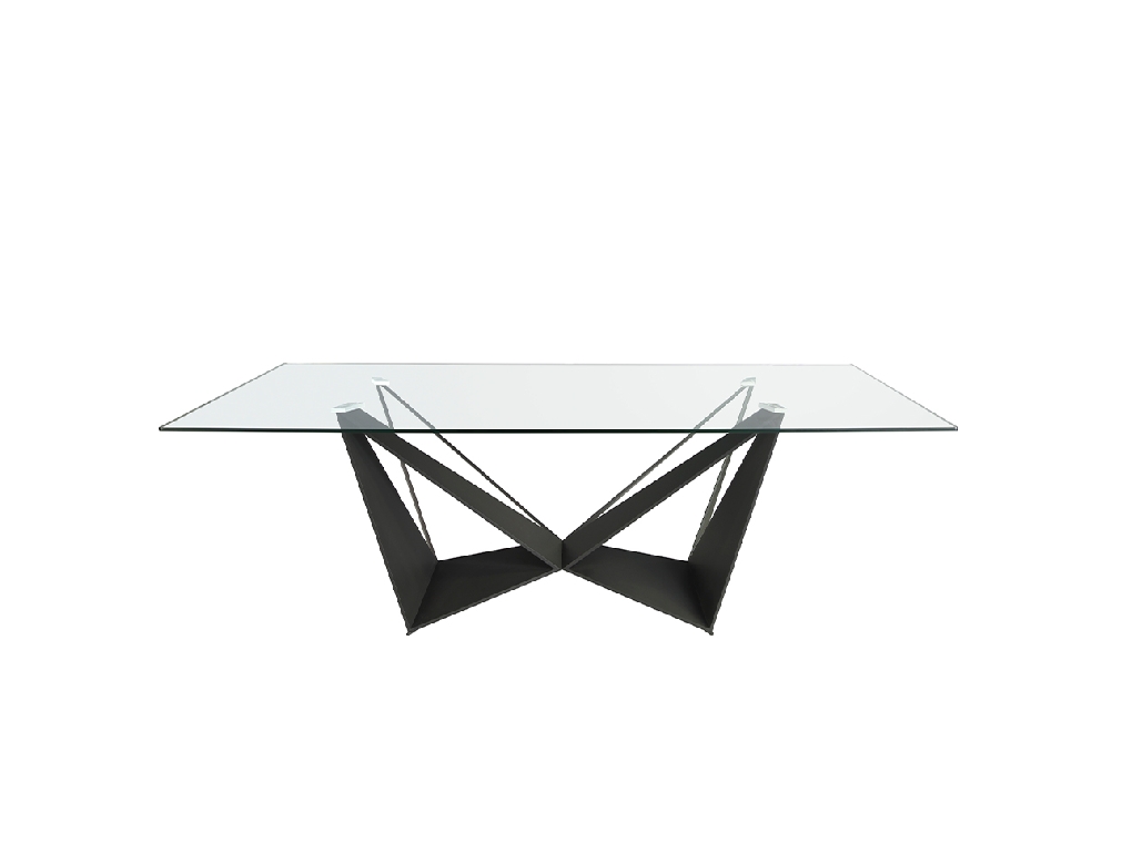 Mesa comedor rectangular de cristal templado y estructura de acero inoxidable negro