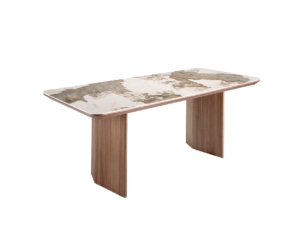 Rectangular porcelain marble and walnut dining table