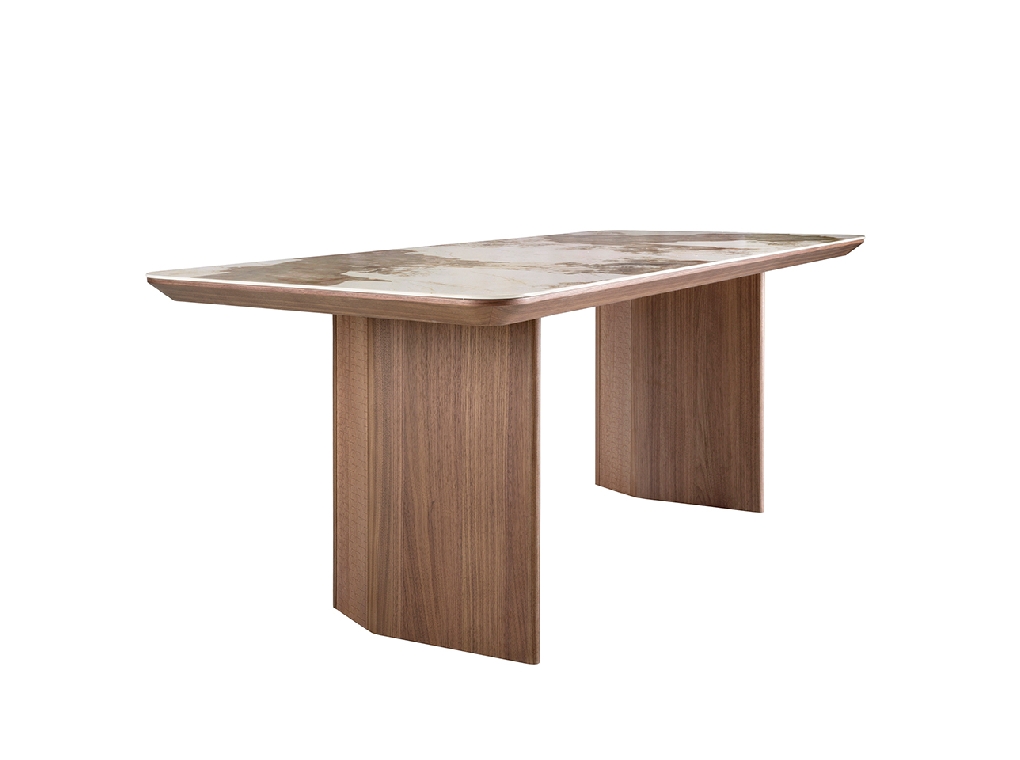 Rectangular porcelain marble and walnut dining table