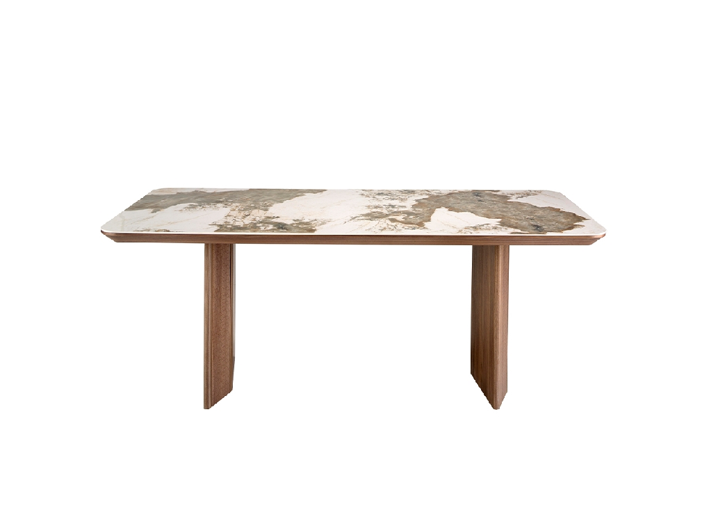 Rectangular porcelain marble and walnut dining table